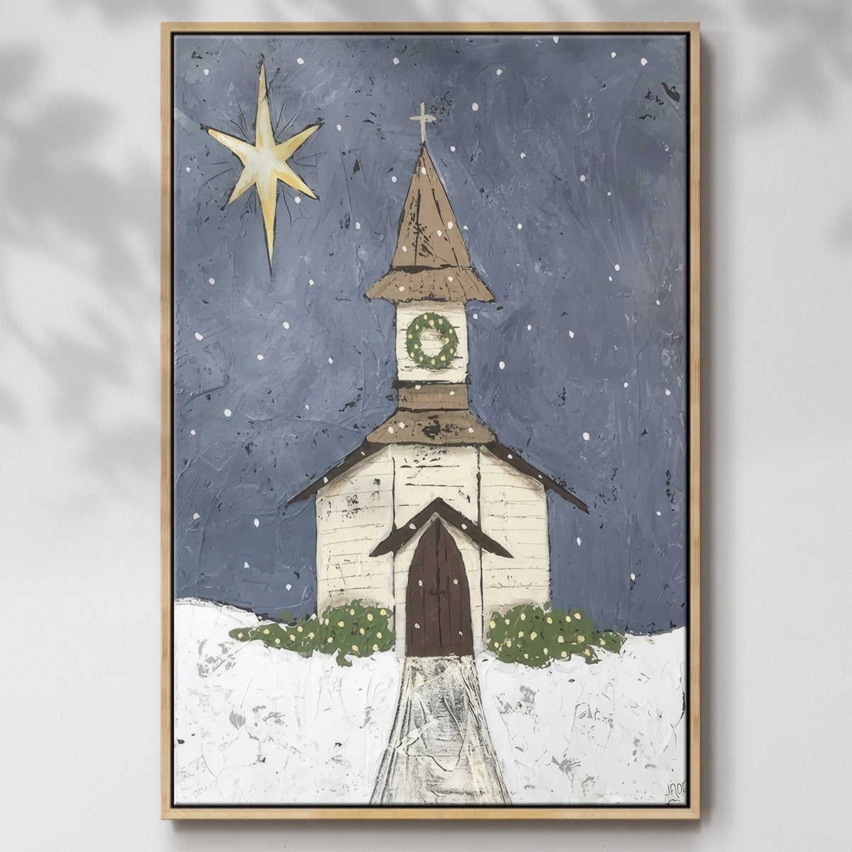 A Silent Night III - Framed Gallery Wrapped Holiday Canvas - 27 x 41 - Natural Wood Frame