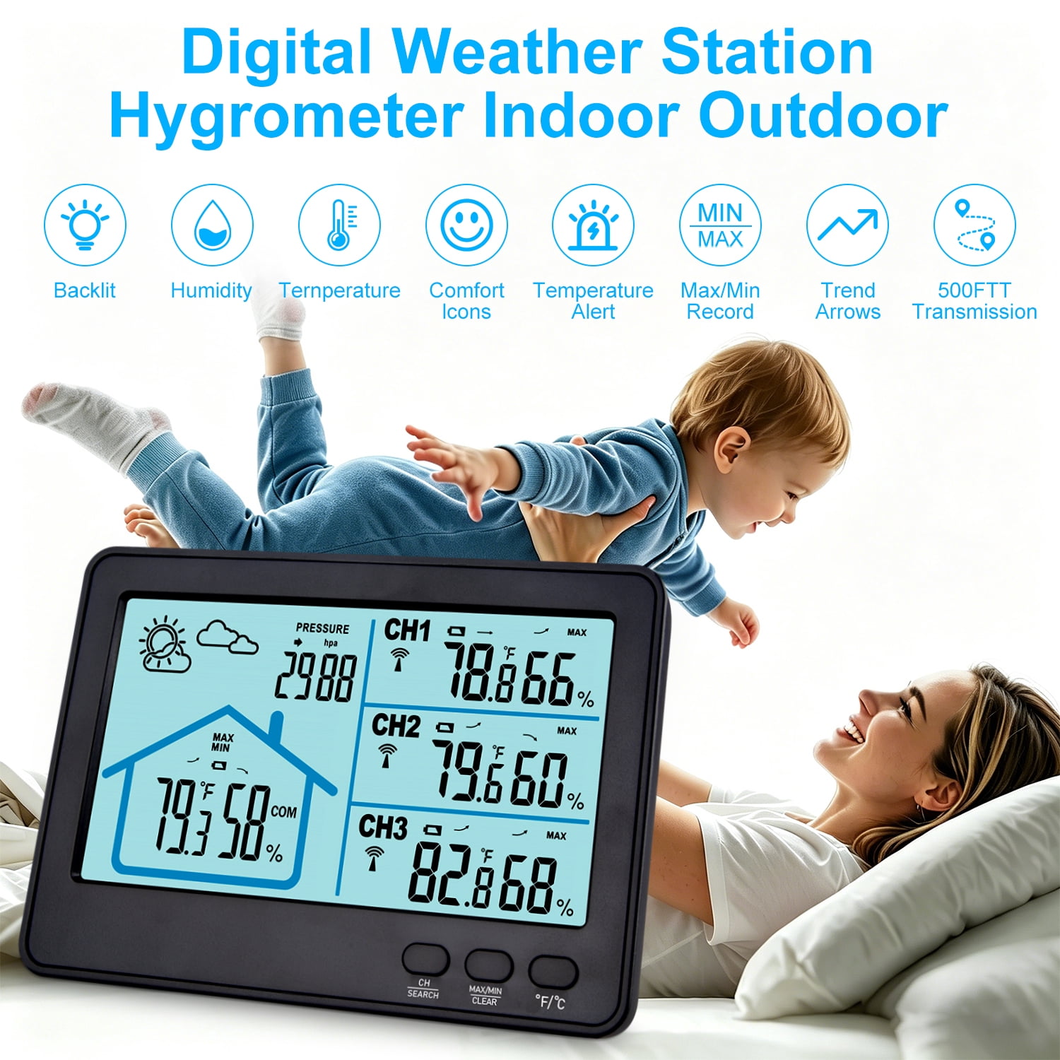 AILKIN Weather Stations for Home with 3 Outdoor Sensor,Wireless Indoor Outdoor Thermometer with Humidity Monitor,Backlight,Weather Stations for Home Large Dispaly,Black