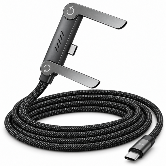 Ourlife 240W USB-C to USB-C Fast Charging Cable for Phones with Foldable Phone Stand, 90° Right-Angle Connector, Braided, 5 ft, Black
