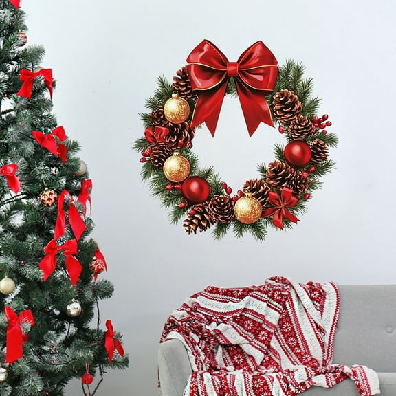 EWASWON Christmas Wall Decals Removable - Red Bow & Pinecone Holiday Stickers, Static Cling Reusable Xmas Decor for Home Window Office, 14.5"x14.5" Multicolor