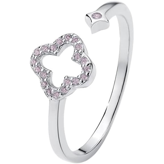 Hollow Four Leaf Clover Stacking Ring 925 Sterling Silver Crystal Cubic Zirconia Cross Open Adjustable Statement Knuckle Finger Rings Promise Eternity Bands Dainty Jewelry Gifts for Women