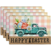 Happy Easter Placemats Set of 4 Pink Yellow Blue Buffalo Plaid Truck Eggs Daisy Easter Table Mats Spring Seasonal Linen Place Mat Washable Place Mats for Party Kitchen Dining Outdoor Indoor Decor