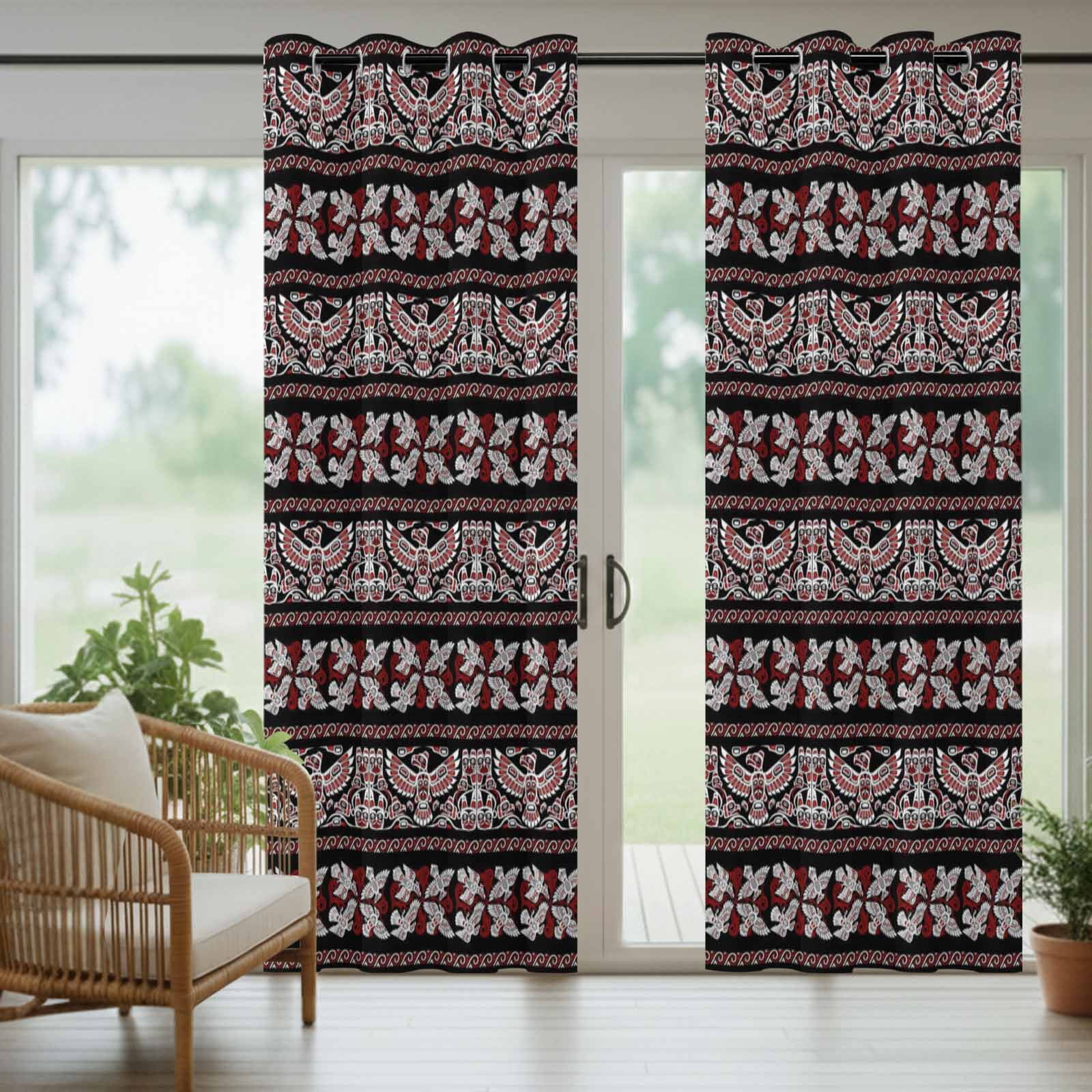 Ethnic Tribal Style Outdoor Curtains for Patio, Bird Geometric Boho Red Black Rustic Sunshade Privacy Drapes Grommet Waterproof Outside Curtains for Porch/Cabana/Balcony 54"x 108", 1 Panel