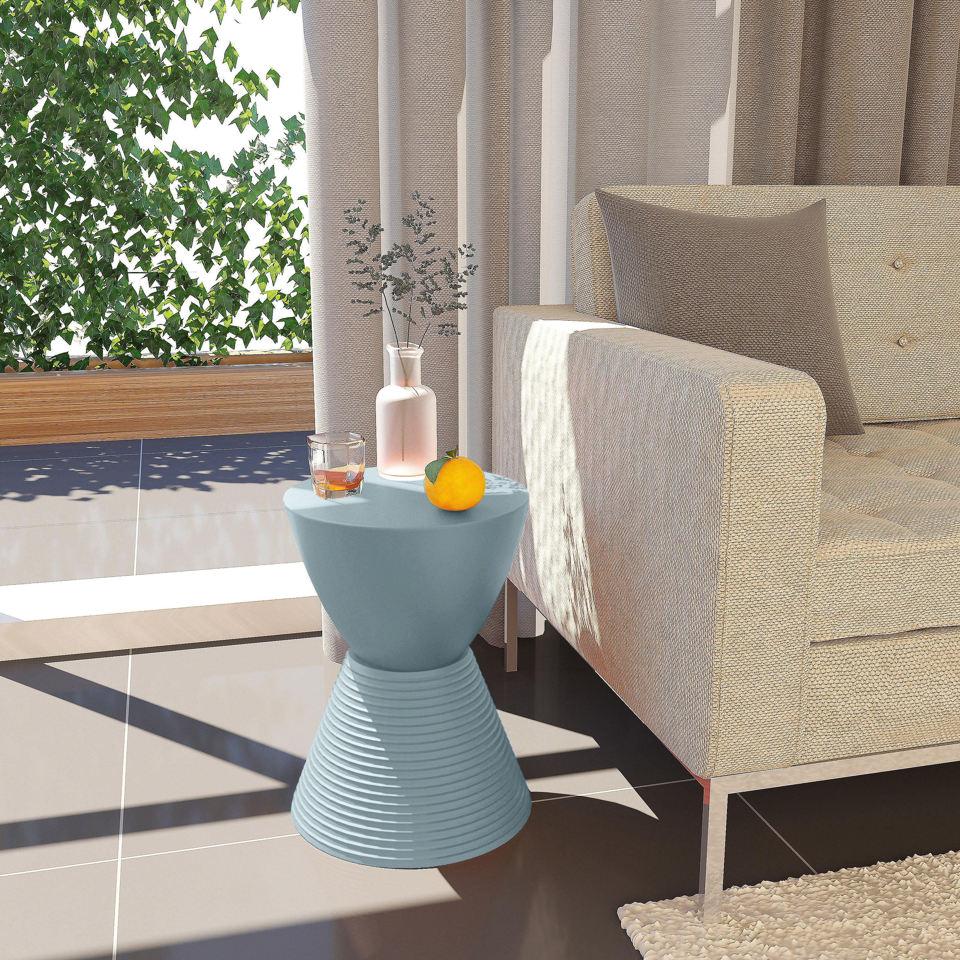 LeisureMod Side Table Modern Hourglass End Table Compact Accent Drum Table with Removable Lid for Storage Indoor and Outdoor Use Boyd Series in Dusty Blue