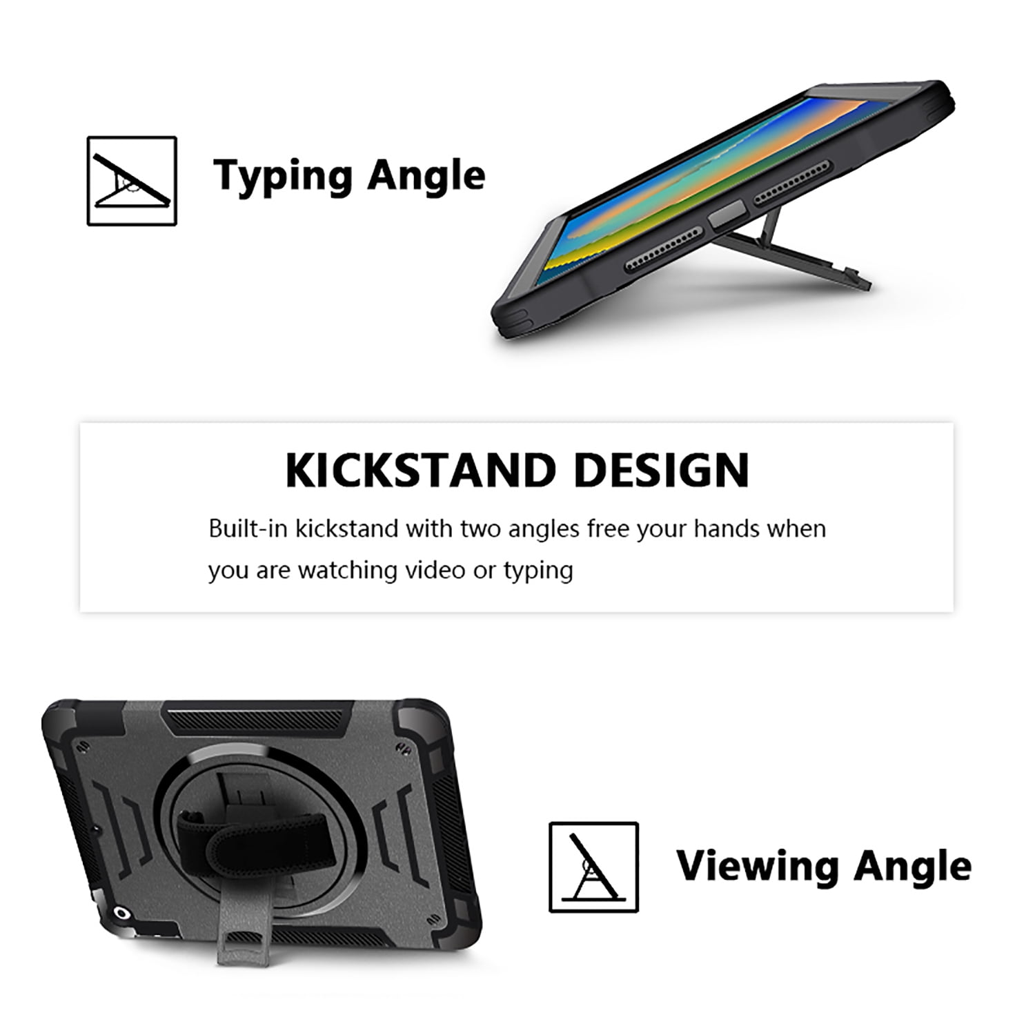 Shockproof Case for Apple iPad 9th/8th/7th Generation, with Pencil Holder Military Grade Protection Rotating Stand Hand Strap Shoulder Strap Bumper Rugged Case for iPad 10.2" 2021/2020/2019, Black
