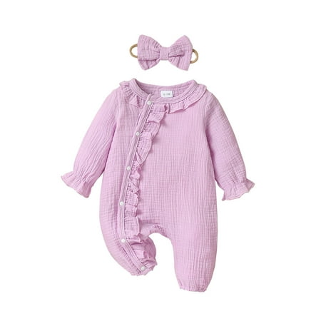 

Licupiee Baby Girls 2 Piece Outfits Solid Color Ruffles Button Long Sleeve Romper Cute Headband Set for Toddler Infant