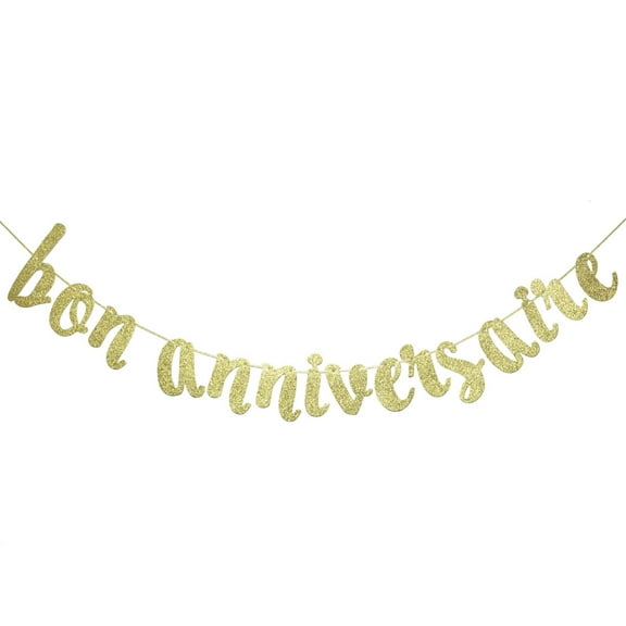 Bon Anniversaire Banner for Happy Birthday Party Decorations French Theme Sign Photo Backdrop (Gold Glitter)