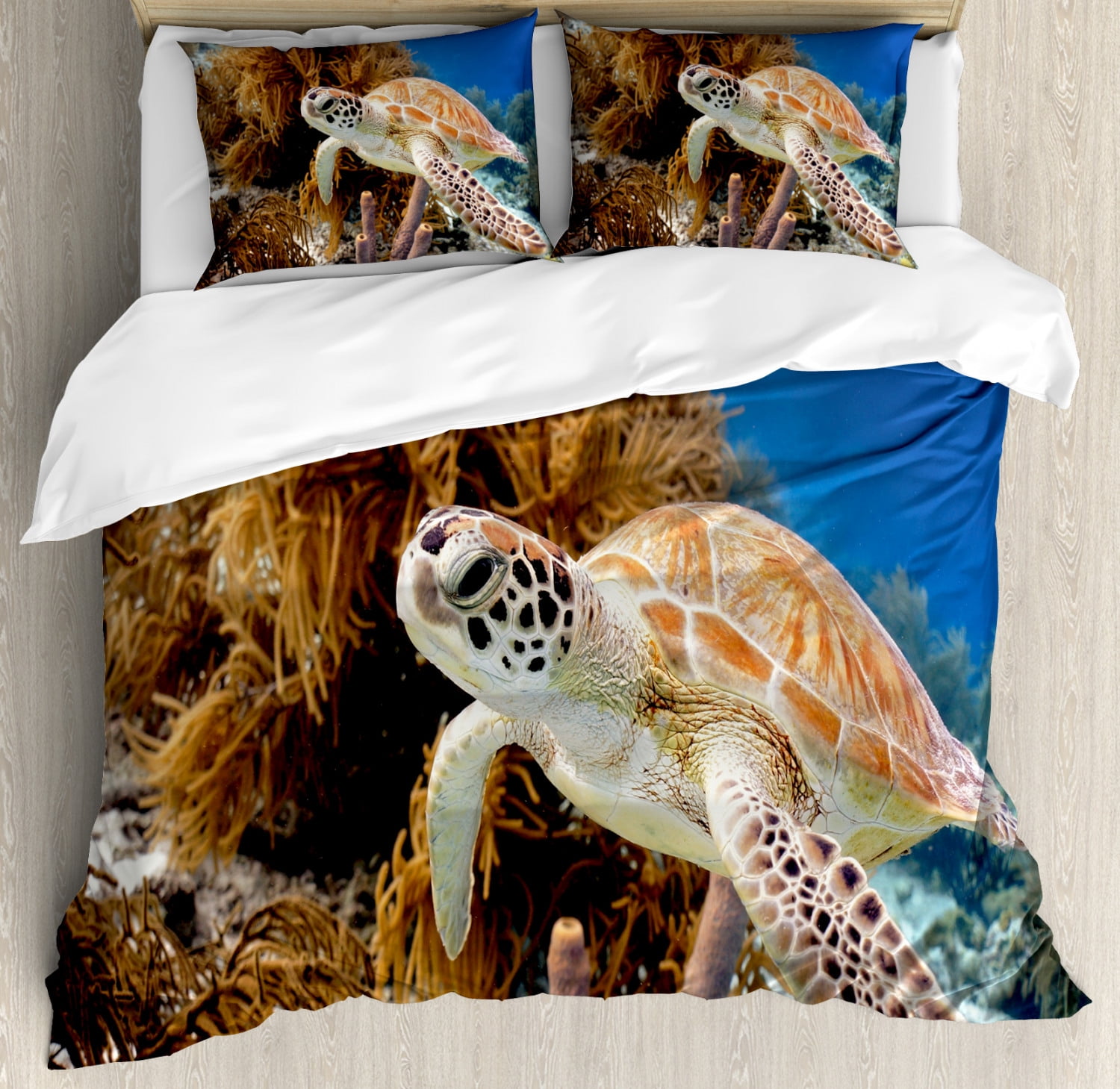Turtle Duvet Cover Set Queen Size, Coral Reef and Sea Turtle Close Up