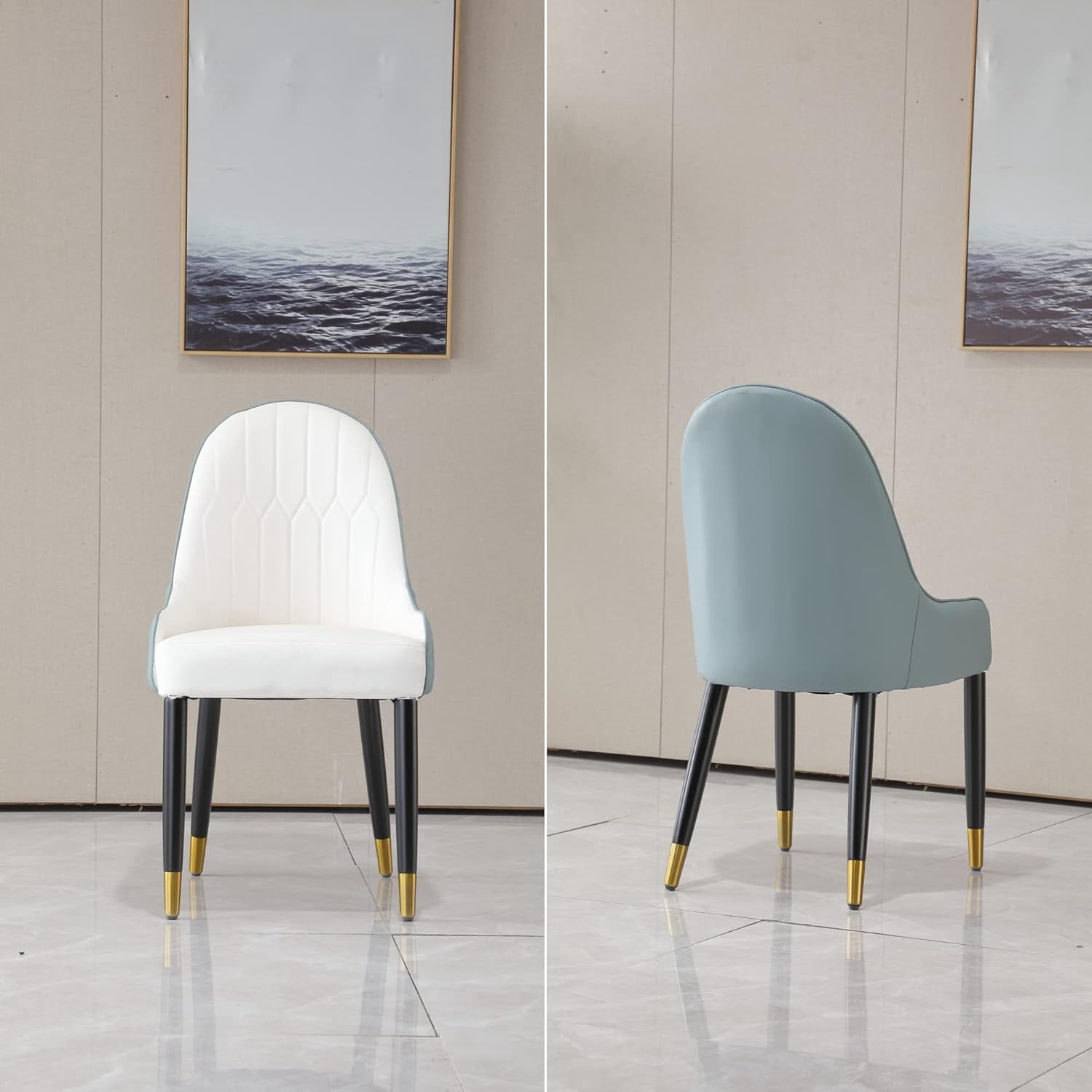 Blue Modern Dining Chairs Set of 2 w/ Faux Leather & Metal Legs | Kitchen/Living/Dining Room PU Accent Chairs