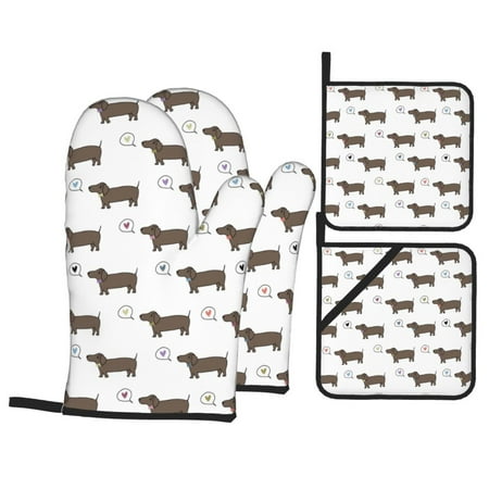

Oven Mitts and Pot Holders Sets 4 pcs - Cute Dachshund Dog Puppy Colorful Love Heat Resistant Silicone Oven Gloves with Non-Slip Silicone Surface and hot pads for kitchen Baking Cooking BBQ