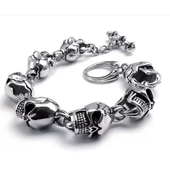 HOOUN Large Heavy Stainless Steel Gothic Skull Biker Men's Bracelet Black Silver Tone