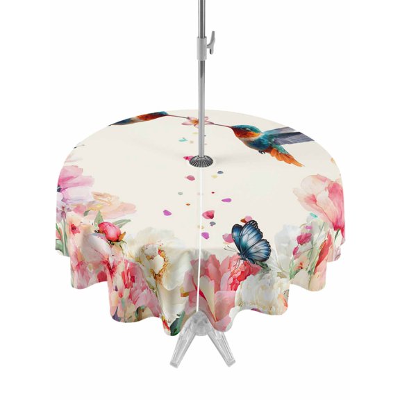 Outdoor Tablecloth with Umbrella Hole and Zipper, Pink Flower Round Table Cloth 60 Inch Waterproof Tablecloth, Spring Floral Butterflies Birds Elegant Farmhouse Picnic Table Cover for Patio Camping