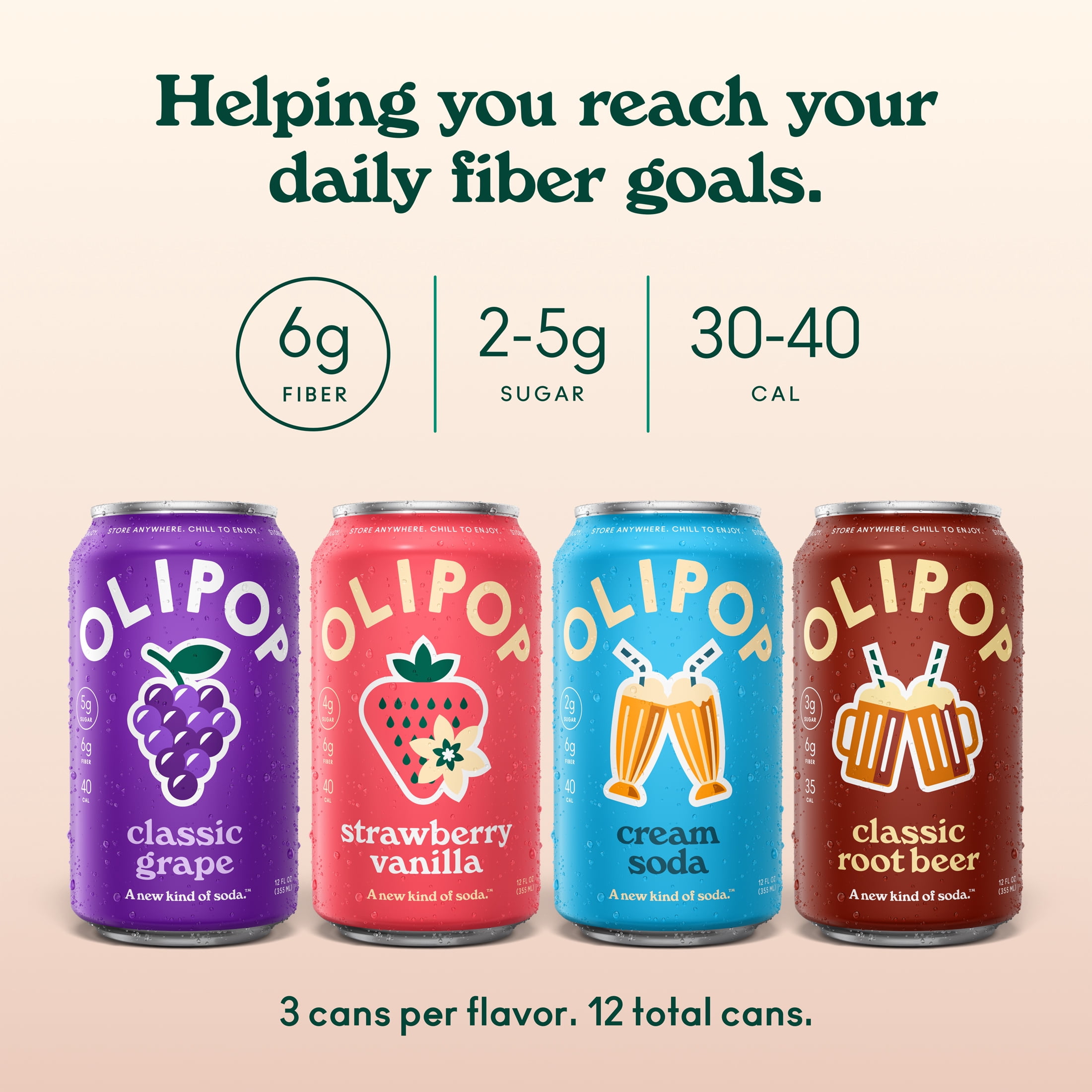 OLIPOP 6g Fiber Prebiotic Soda, Favorites Variety Pack, 12 fl oz, 12 Pack, Shelf Stable
