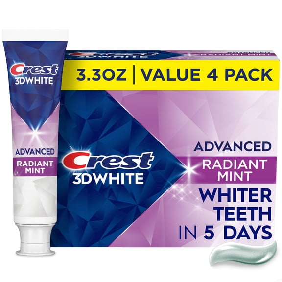Crest Toothpaste, 3DWhite Advanced Whitening Toothpaste, Radiant Mint Flavor, 3.3 oz, 4 Pack