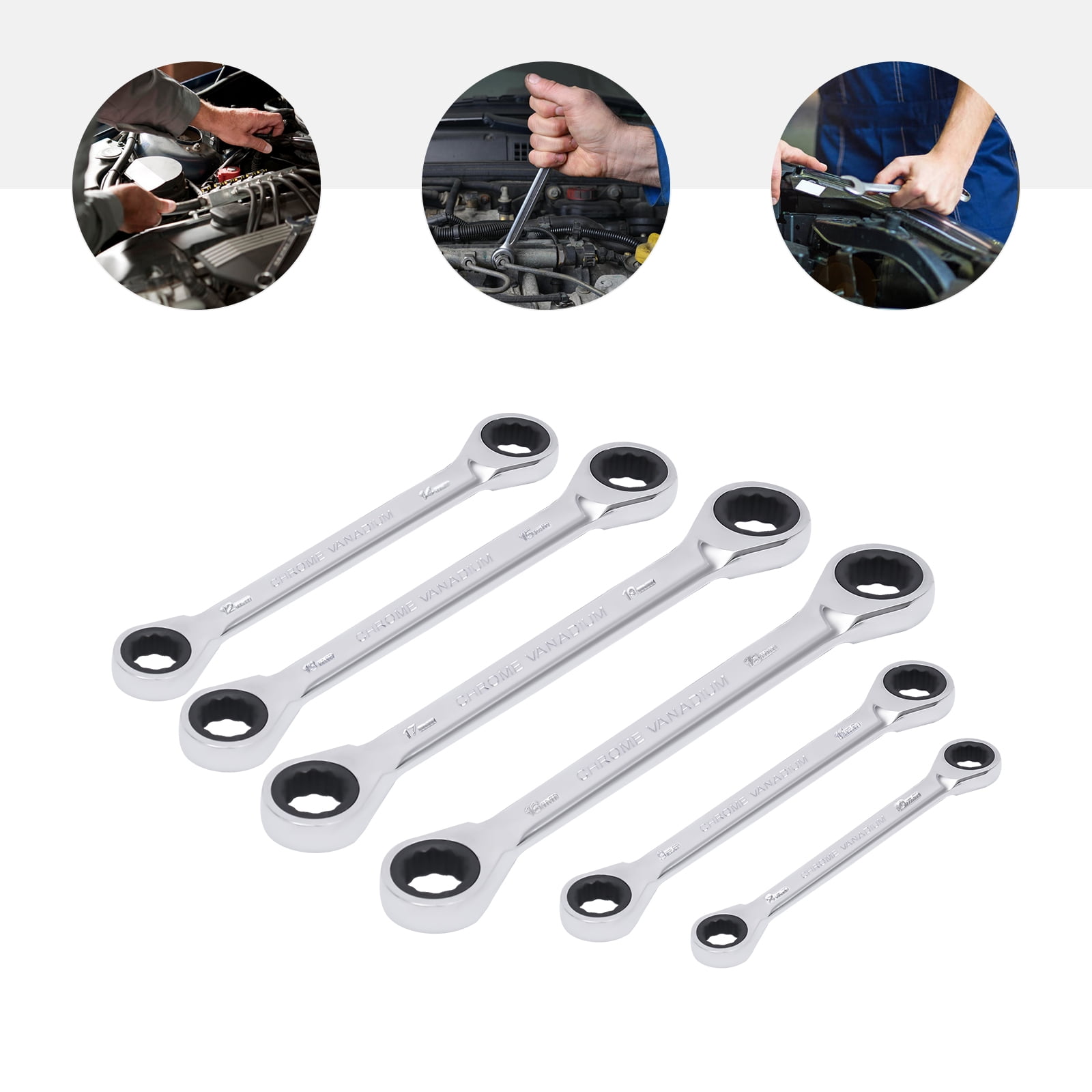 6-Piece Flex-Head Extra Long Ratcheting Wrenches Double Box End  45#Steel 72-Tooth Wrench Set with Metric 8mm - 19mm