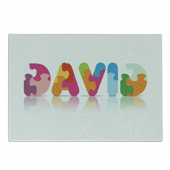 David Cutting Board, Ancestral Male Name with Connotations and Colorful Puzzle Style Letters, Decorative Tempered Glass Cutting and Serving Board, Small Size, Multicolor, by Ambesonne