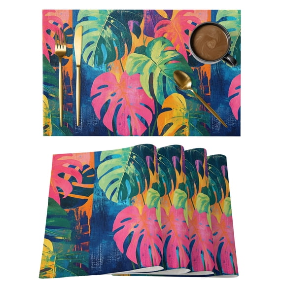 Monstera Leaves Placemats Set of 8, Rustic Vintage Tropical Green Pink Botanical Leaf Non-Slip Place Mats Washable Table Mats for Kitchen Dining Table Decorations Indoor/Outdoor