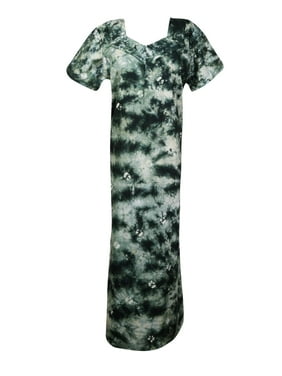 Mogul Women Green Tie Dye Maxi Caftan Nightgown Cap Sleeves Front Zip Sleepwear Housedress Maternity Loose Nightwear Dresses L