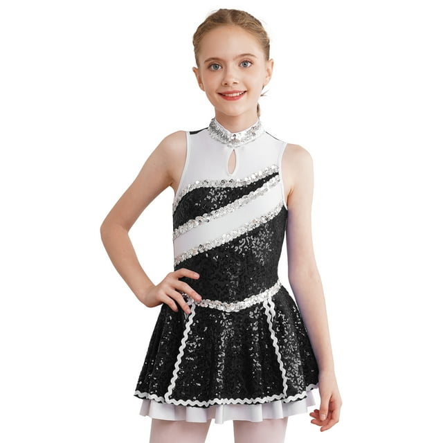 TiaoBug Robe de Danse Sans Manches à Sequins Brillants pour Filles, Costume de Cheerleading, Uniforme de Danse Noir 16