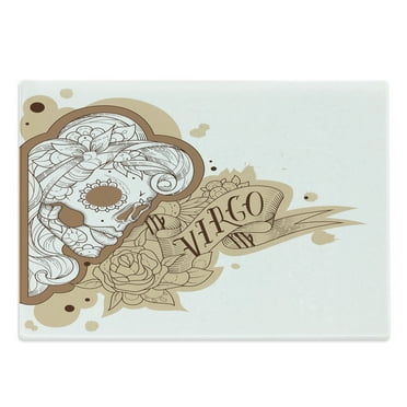 Zodiac Virgo Cutting Board, Gothic Mexican Female Portrait Sugar Skull Horoscope Tattoo, Decorative Tempered Glass Cutting and Serving Board, Large Size, Pale Brown White, by Ambesonne