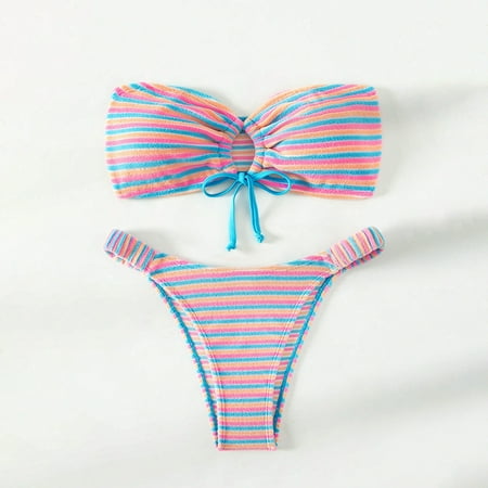 Wowcloth Clearance Colorful Striped Swimsuit Women Two Piece Split Plunges Swimsuit Women Sexy Striped Bikini Swimsuit Best Gift