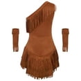 thumbnail image 4 of inlzdz Girls Brown Native Princess Dress One Shoulder Suede Fringe Short Dresses with Tassel Sleeves Brown 8, 4 of 8