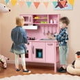 thumbnail image 2 of Costway Kids Kitchen Playset Wooden Pretend Play Chef Toy with Microwave & Accessories Pink, 2 of 11