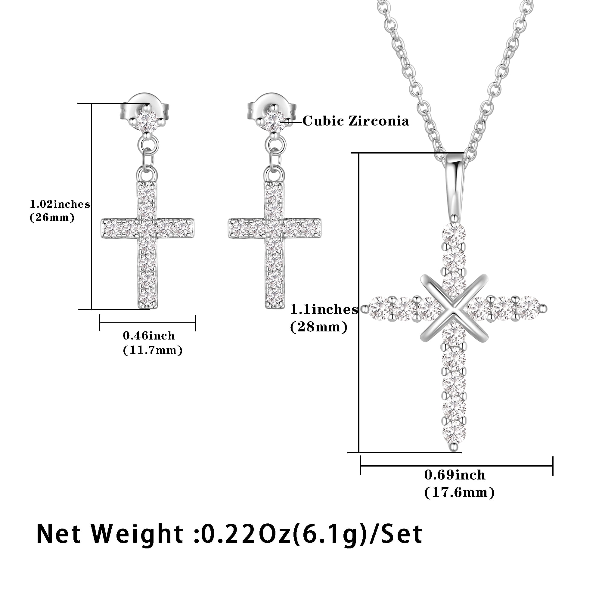 Ydou 14K White Gold Plated Cross Necklace and Earring Set for Women - Cubic Zirconia Faith Jewelry Sets with Cross Pendant Stud Earrings for Women Mom Birthday Aniversary Gift