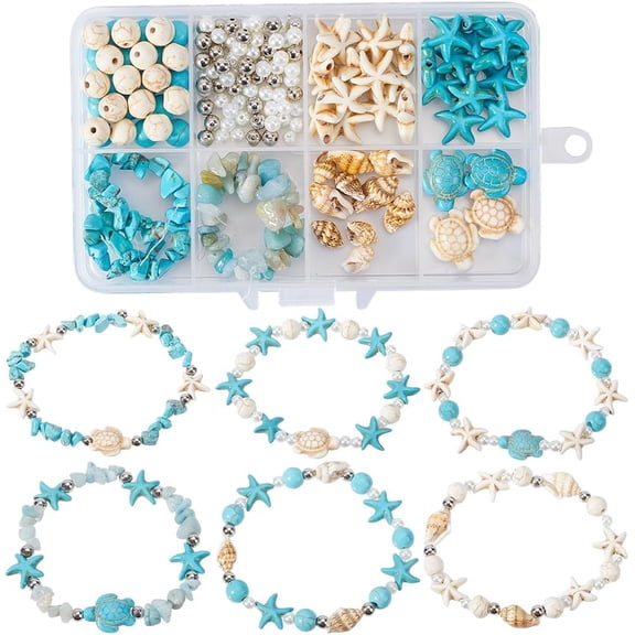 1 Box 6 Sets Summer Bracelets Making Kit Starfish Sea Turtle Bead Ocean Animal Beads Lucky Turquoise Bead Bulk Gemstone Chips Shell Charms for Jewelry Making Kits Adults Craft Supplies Beige