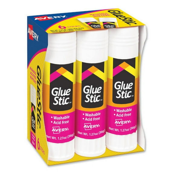Avery Permanent Glue Stic Value Pack, 1.27 oz, Applies White, Dries Clear, 6/Pack, Each