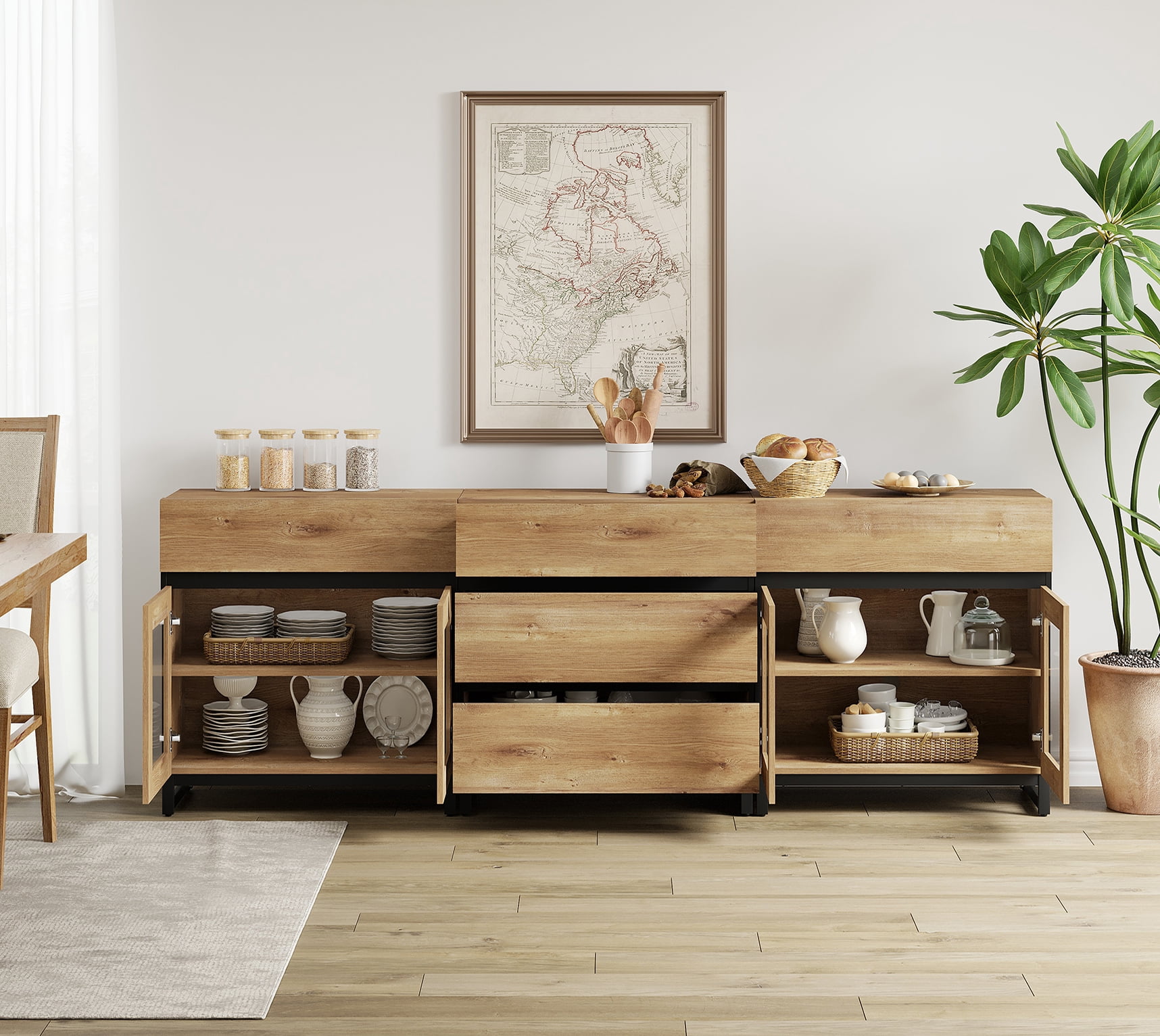 3 In 1 Sideboard Buffet Cabinets With Glass Doors And 5 Drawers, Modern Sideboard Credenza With Adjustable Shelf And Metal Base, Coffee Bar Cabinet Storage Cabinet For Living Room, Kitchen