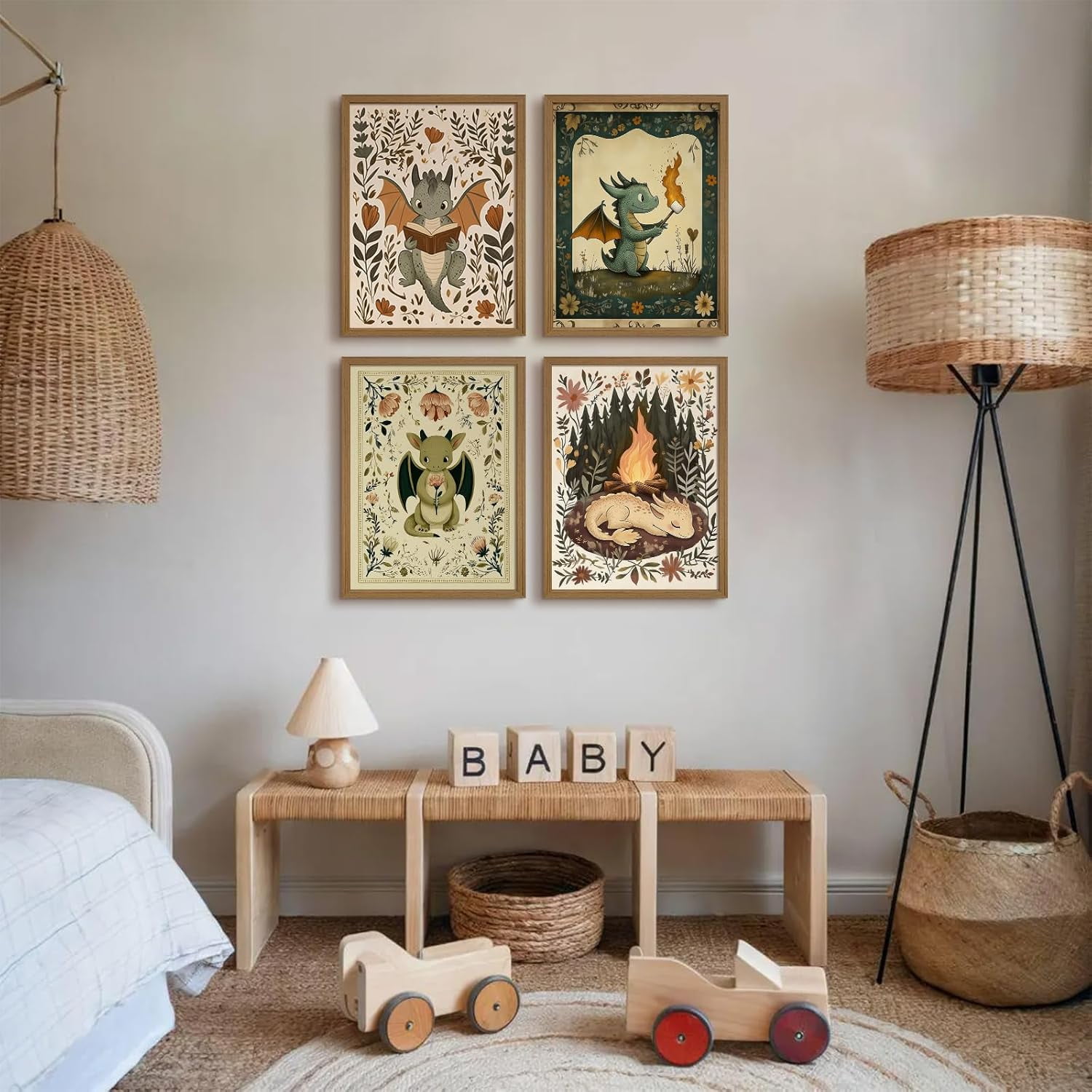 Vintage Nursery Dragon Wall Art Baby Boy Room Canvas Wall Decor Whimsical Dinosaur Flower Poster Nursery Cute Dragon Pictures Fantasy Prints Painting for Girls Bedroom Kids Room 4Pcs