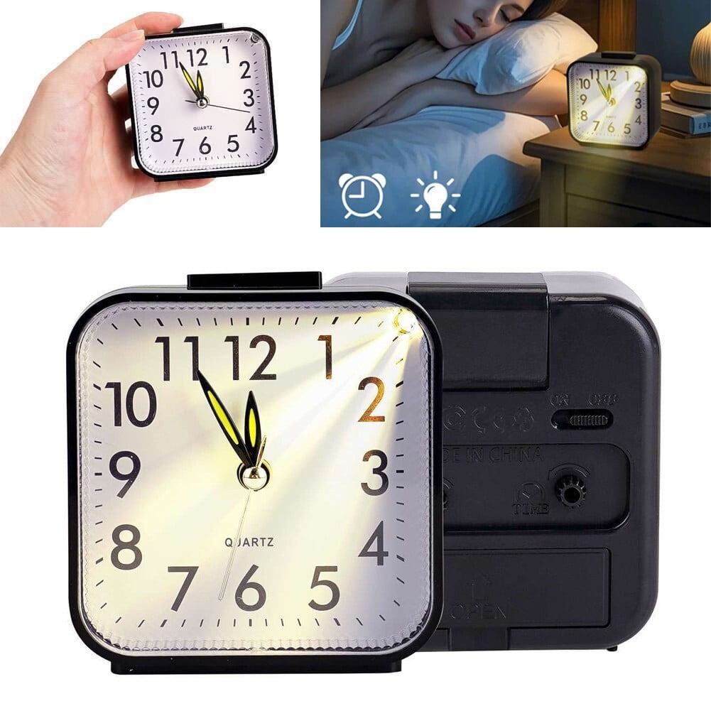 SJPACK Small Travel Alarm Clock Analog Battery Operated Silent No Ticking With Light for Bedroom Black