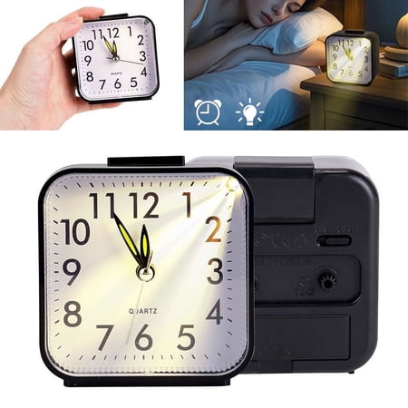 SJPACK Small Travel Alarm Clock Analog Battery Operated Silent No Ticking With Light for Bedroom Black