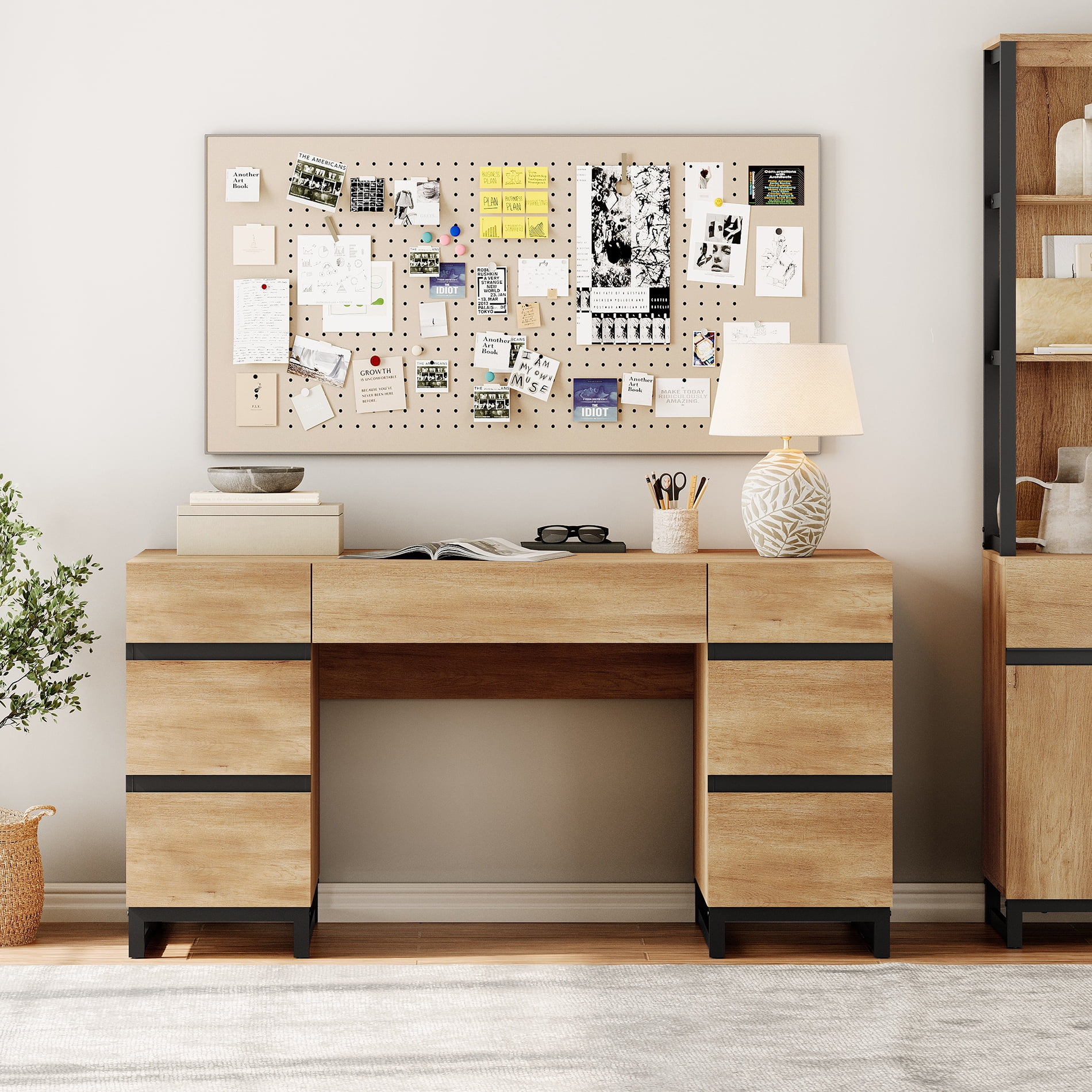 WAMPAT Home Office Furniture Set: 59in Modern Executive Desk with Charging Station & Drawers and Two 72in Tall Bookcases with Storage Cabinet, Home Office Furniture for Living Room, Oak