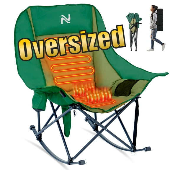 ABORON Oversized Heated Rocking Camping Chair for Adults- 400lbs Capacity Padded Camping Recliner w/ 3 Levels Heat - Folding Lawn Chair with Side Pockets for Camp Patio Backyard