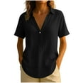 thumbnail image 3 of QIUOMBBP Women's Short Sleeve Linen Tops Solid Lapel Collared Button V Neck Shirts Loose Breathable Summer Loungewear Black S, 3 of 7