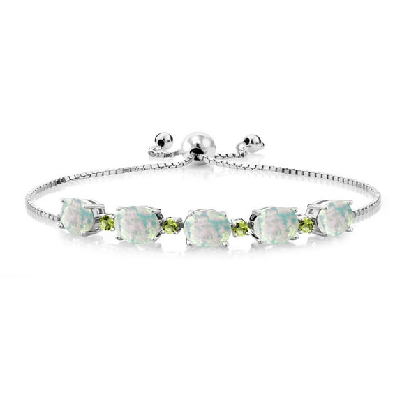 Gem Stone King 925 Sterling Silver Oval Cabochon White Simulated Opal and Green Peridot Tennis Bracelet for Women (5.28 Cttw, Gemstone Birthstone, Fully Adjustable up to 9 inch)