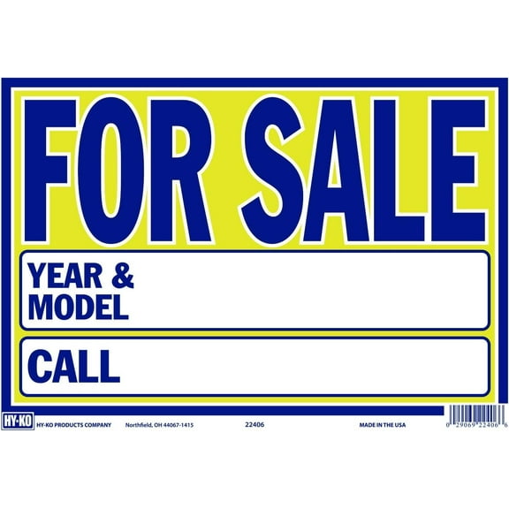 HY-KO Products 22406 AUTO for Sale Plastic Sign, 9" x 13", Blue/Neon Yellow