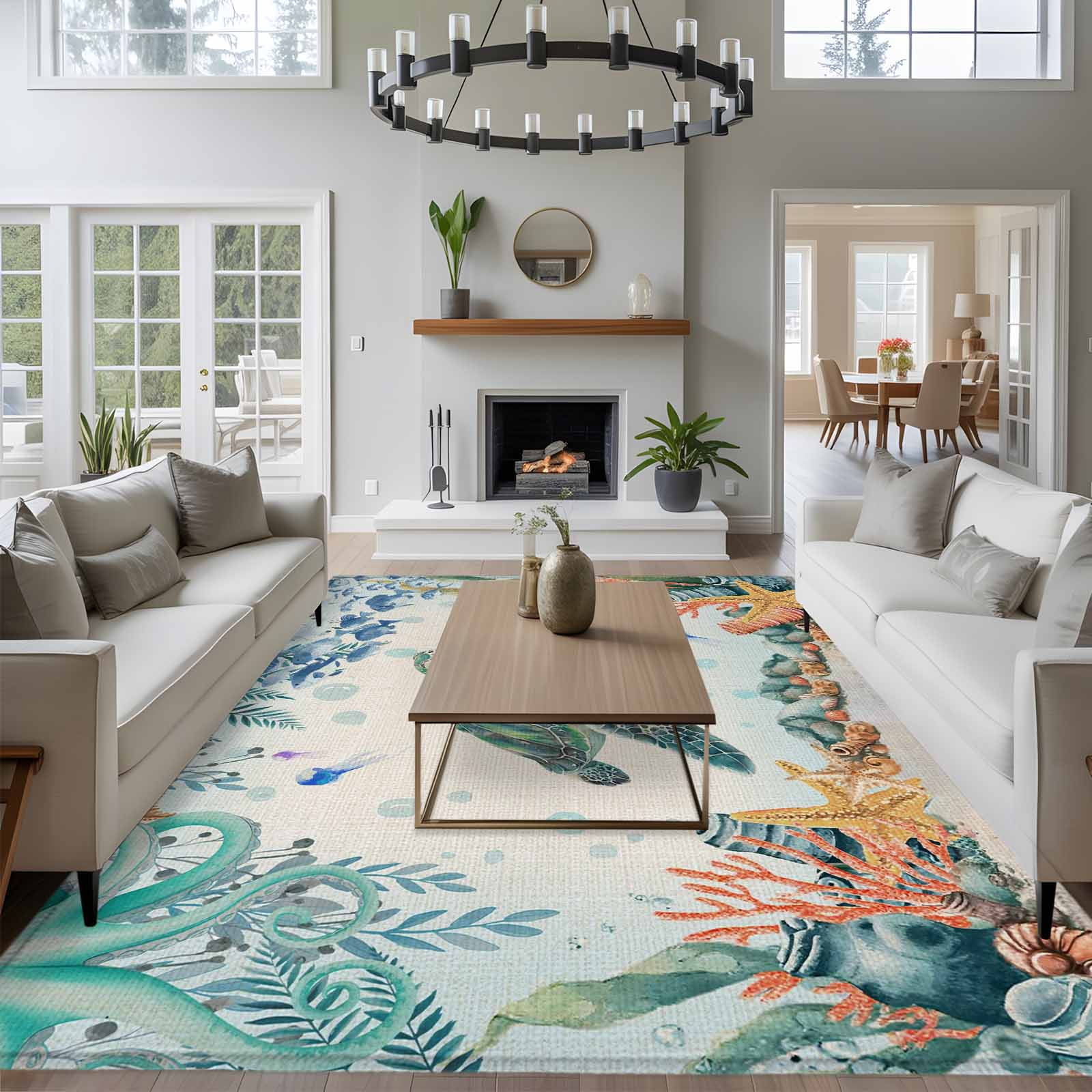5'x7' Area Rugs for Living Room Bedroom, Sea Turtle Coastal Washable Rug Carpet Runner Indoor Outdoor, Summer Nautical Starfish Coral Beige Non Slip Floor Mats Area Rug for Kitchen, Nursery