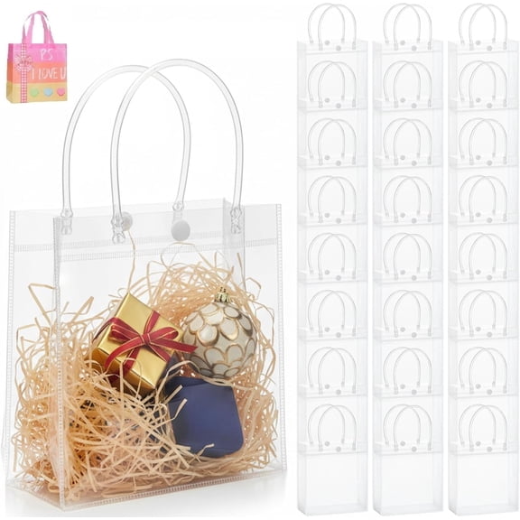 Clear PVC Party Favor Bags with Handles - 6x5 Inch Tote Goodie Bags, 25-Pack for Wedding, Birthday, Baby Shower, Holiday Gift Bags(XX)