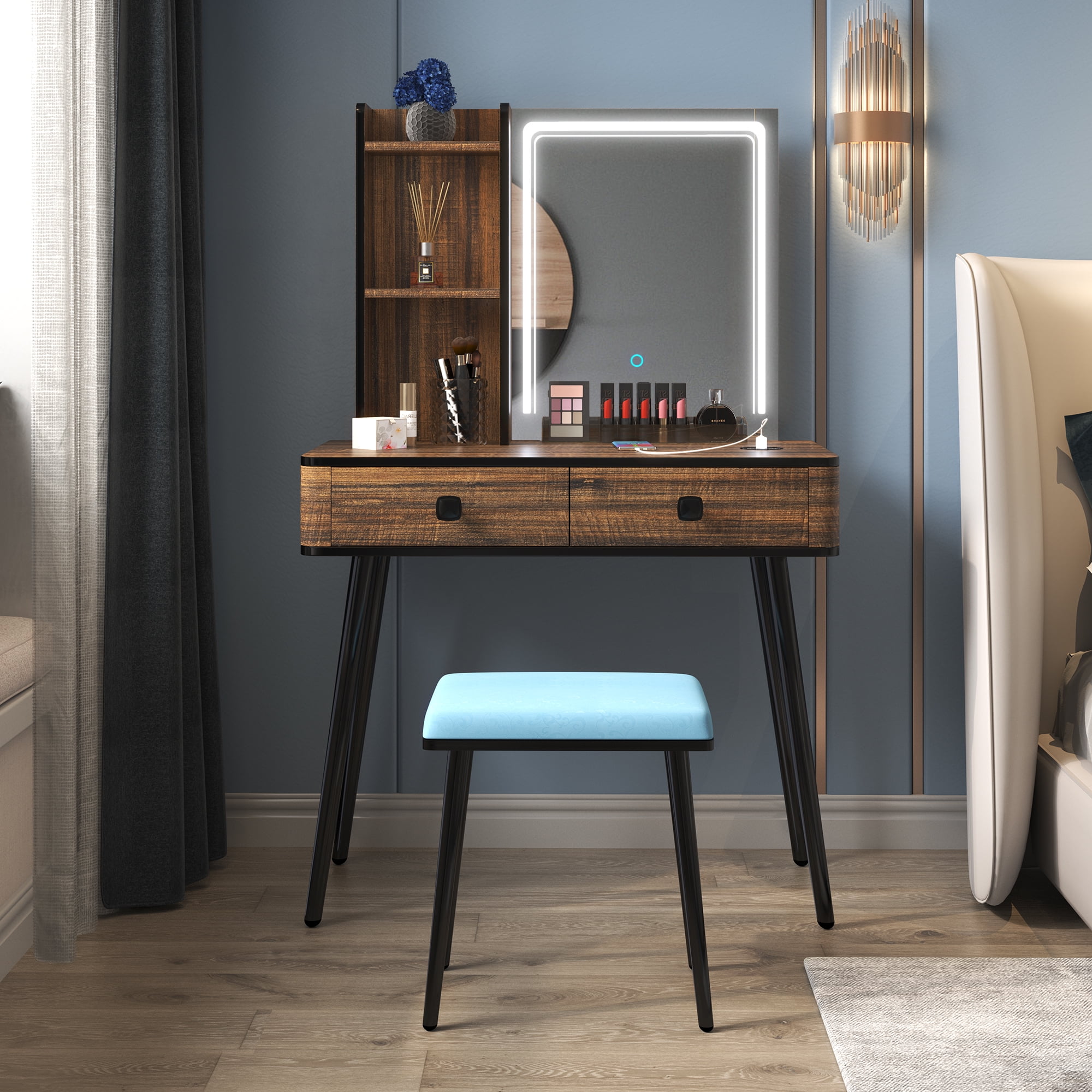 LVSOMT Vanity Desk Sets with Rectangle Lighted Mirror, 3-in-1 USB 