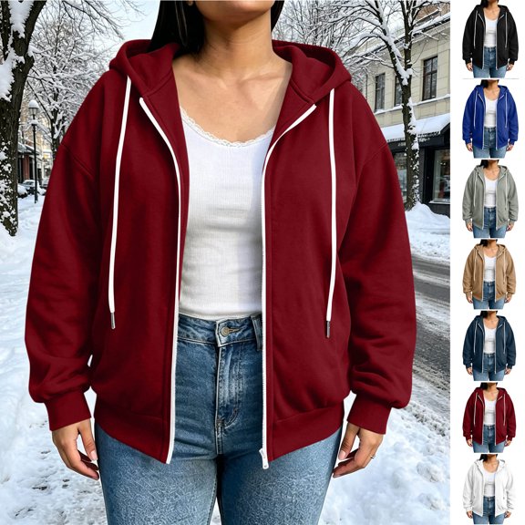 Smsaxvxz Zip Up Hoodie for Women Casual Long Sleeve Hooded Sweatshirt Lightweight Loose Fit Jacket Wine 4XL