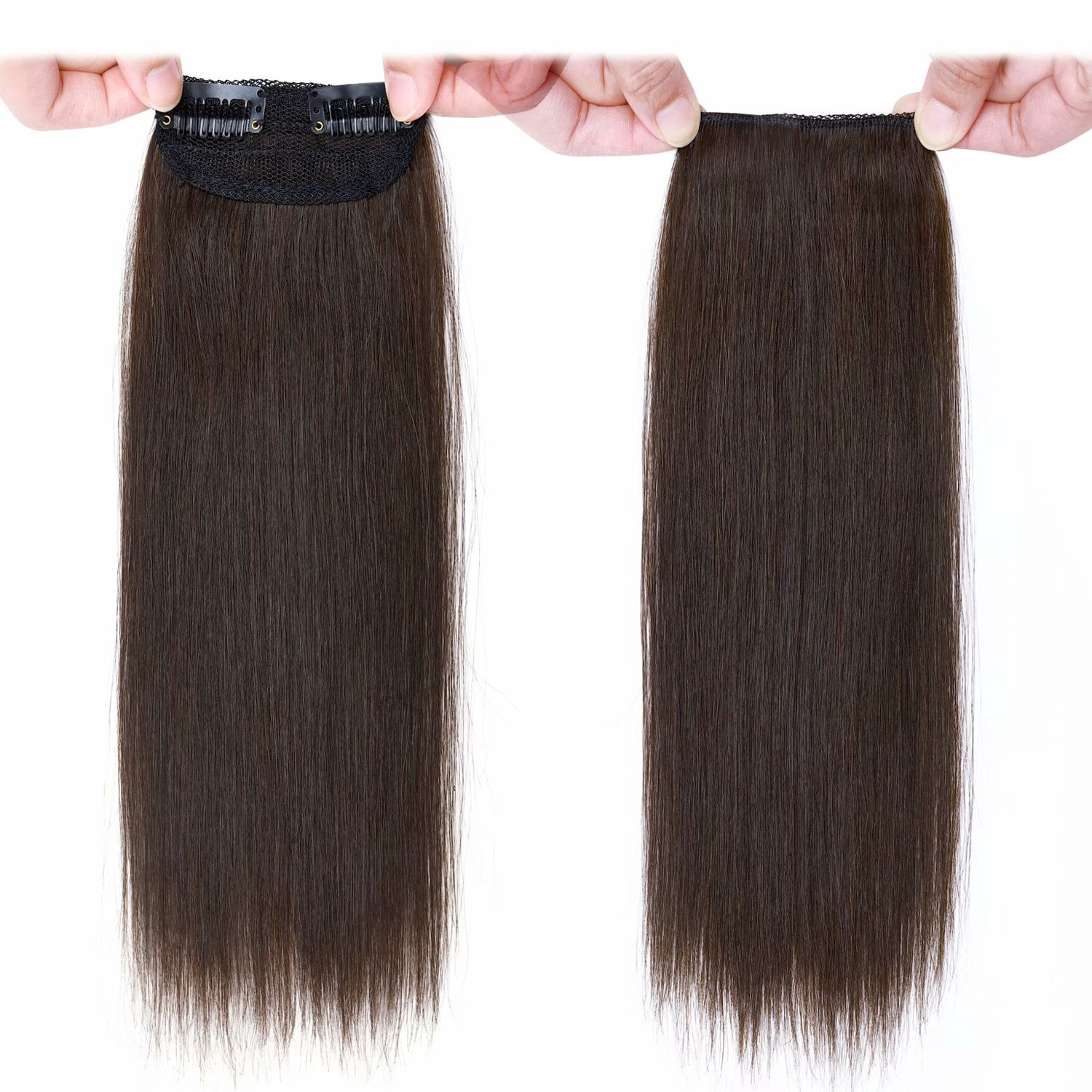 Benehair Clip in 100% Remy Human Hair Extensions Hair Pad Invisible Hairpiece Topper Thickened Soft Thin Hair Brown 2 Pieces