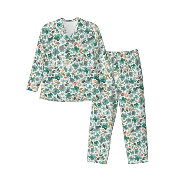 Balery Floral In Teal Pijama para Hombre de Dos Piezas con Manga Larga, Conjunto de Dormir y Descanso Suave con Bolsillos-Large