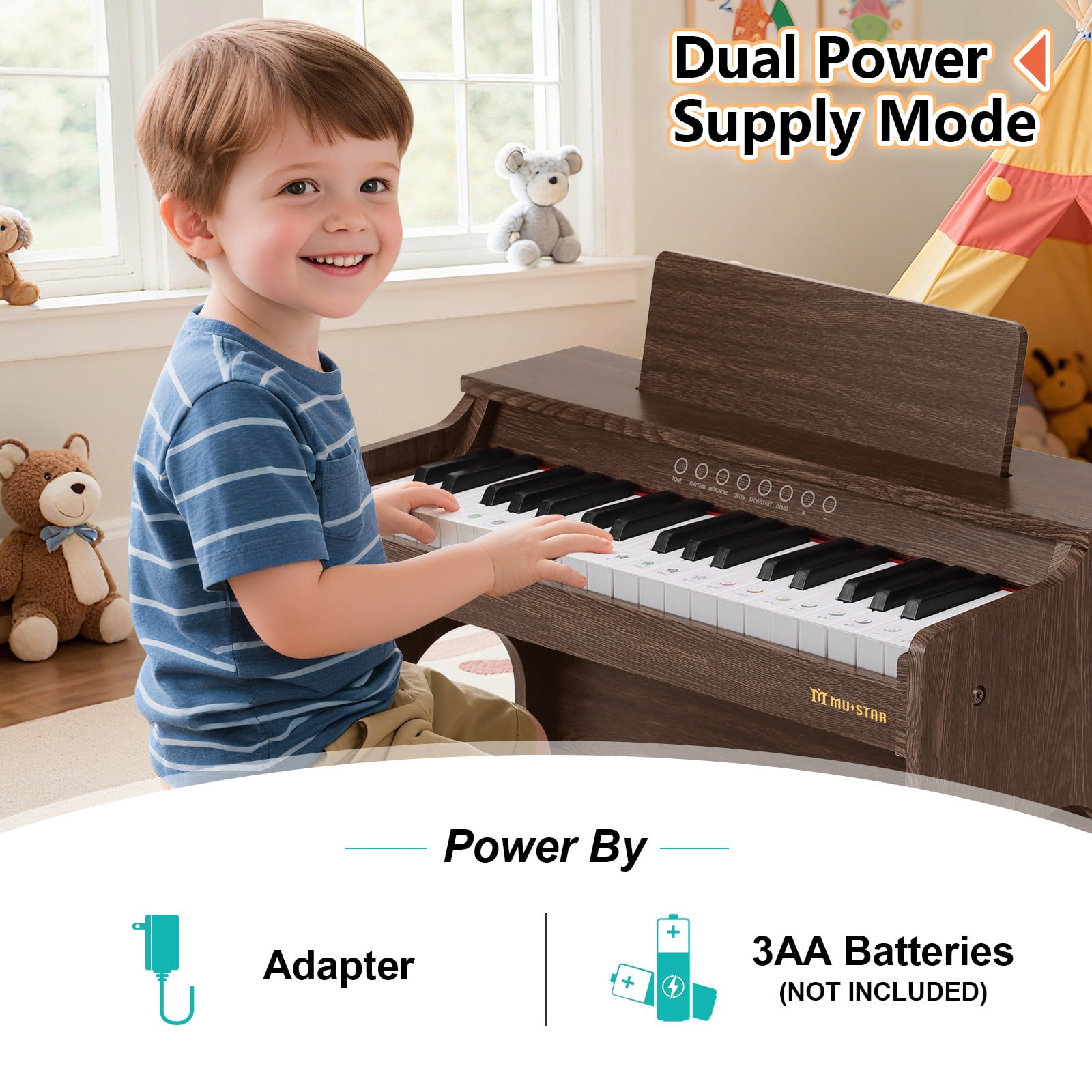 Brown 37Keys Kids Digital Piano Keyboards Wooden Toys Toddler Gifts for Music Education w/Bench,Stickers