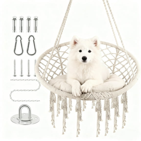 Macrame Hammock Chair Rope Swing, Hanging Cotton Kits with Hand-Woven Rope, Steel Spreader Bar Anti-Slip Rings, Cream White, Comfortable, Firm, Safe, for Garden Porch
