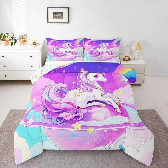 Erosebridal Kawaii Unicorn Bedding Twin Comforter Set for Little Girls, Stars Room Decor, 2pcs
