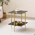 thumbnail image 3 of Rectangle Coffee Table Mid-Century Modern Design L W x H for Living Room - Structure Amber Glass Top and Walnut MDF Shelf Sleek Conical Metal Legs with Gold Finish, 3 of 8