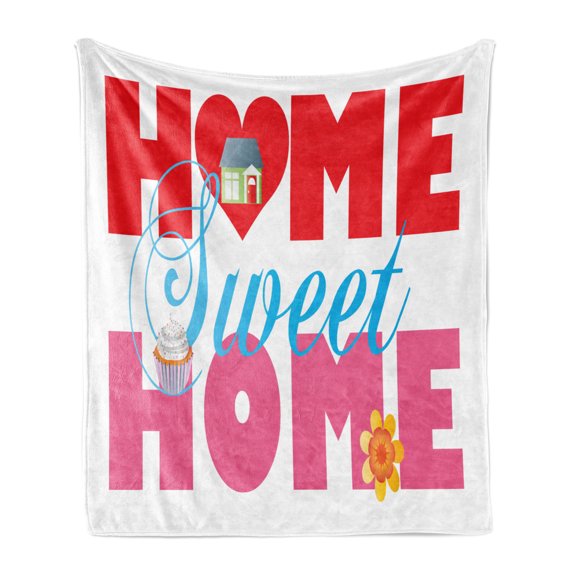 Saying Soft Flannel Fleece Throw Blanket, House Cupcake and Flower on Words with a Heart Shape Real Estate Property, Cozy Plush for Indoor and Outdoor Use, 60" x 80", Multicolor, by Ambesonne